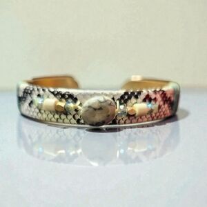Brass Cuff Bracelet With Snake Print And Stone
